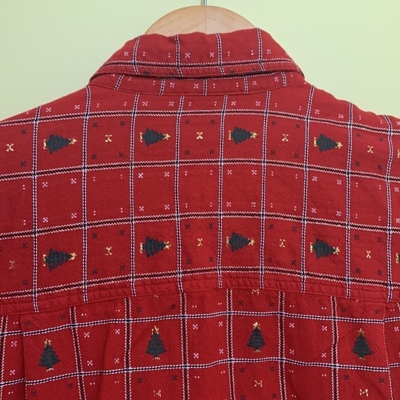 Dress Barn | Red Green Gold Xmas Tree Plaid Metallic Thread Button Down Shirt M - Picture 13 of 17